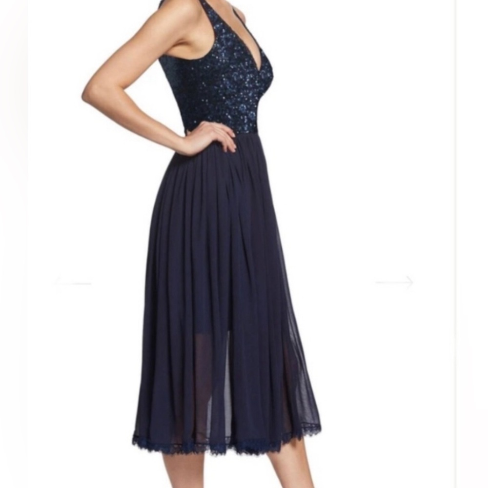NWT DRESS the POPULATION Navy Blue Sequin Bodice TRACY Fit Flare Size Medium - Picture 2 of 16